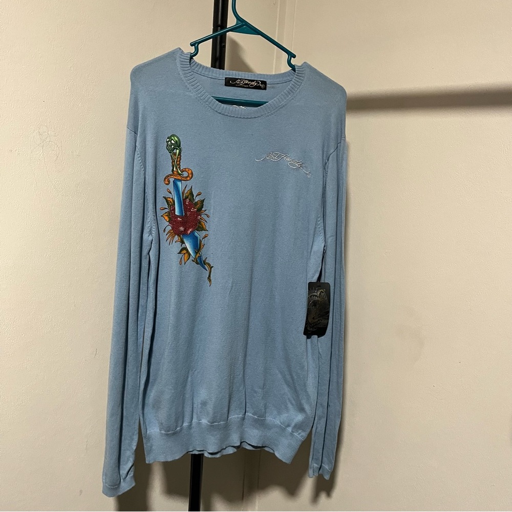 light blue ed hardy dragon sweater